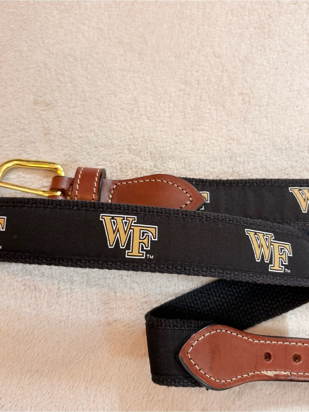 Wake Forest Men's Black Webbed Belt Brown Leather Trim Brass Buckle Sz 36